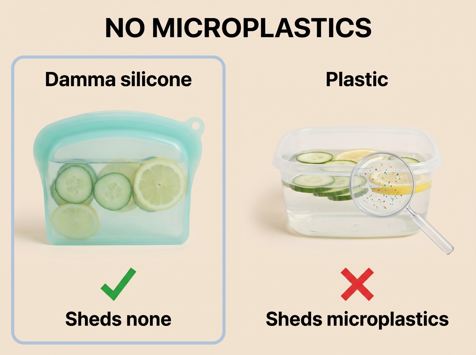 Damma silicone sheds no microplastics while plastic visibly does.